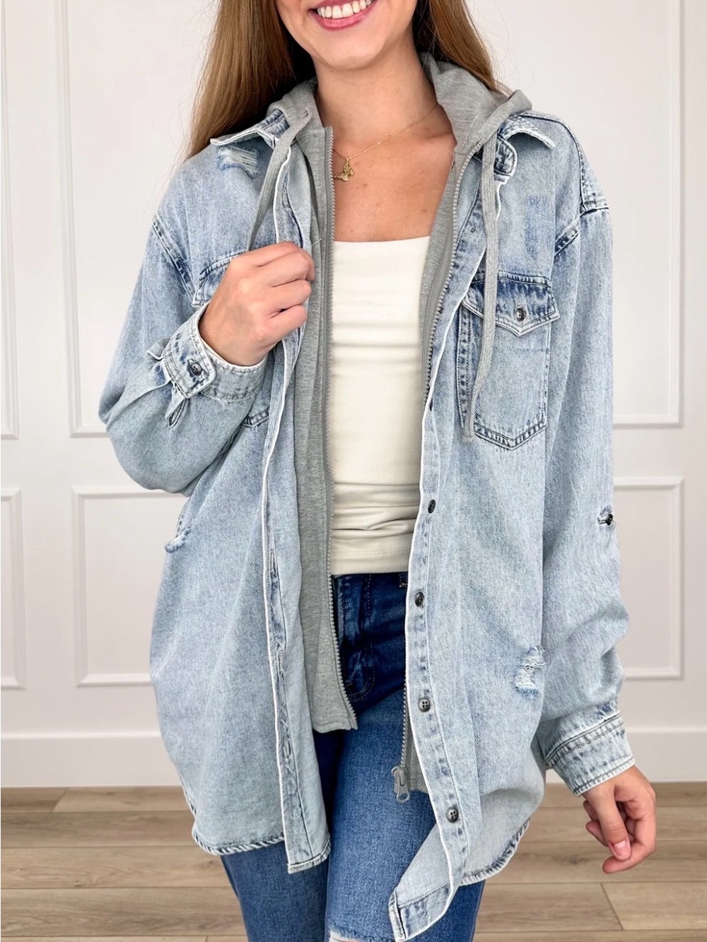 Risen acid wash hooded denim jacket
